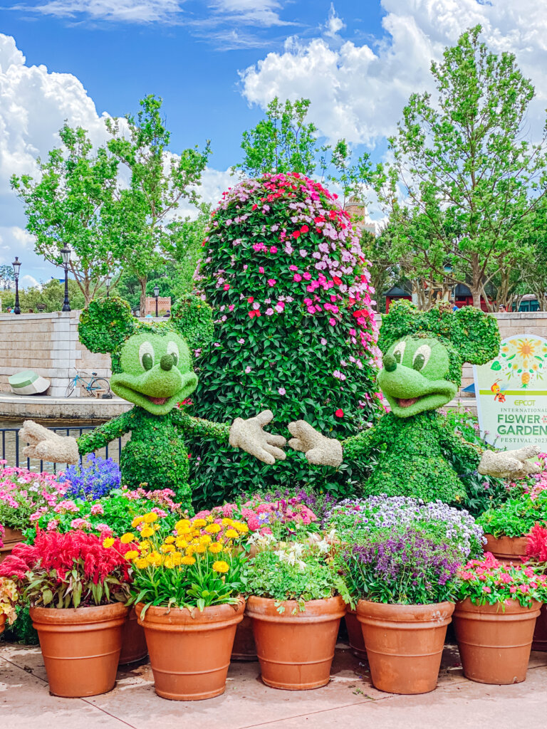 Mickey Mouse and Minnie Mouse Topiaries with pots of flowers in front of them at the Flower and Garden Festival 2023 - When is Flower and Garden Festival at Epcot 2023