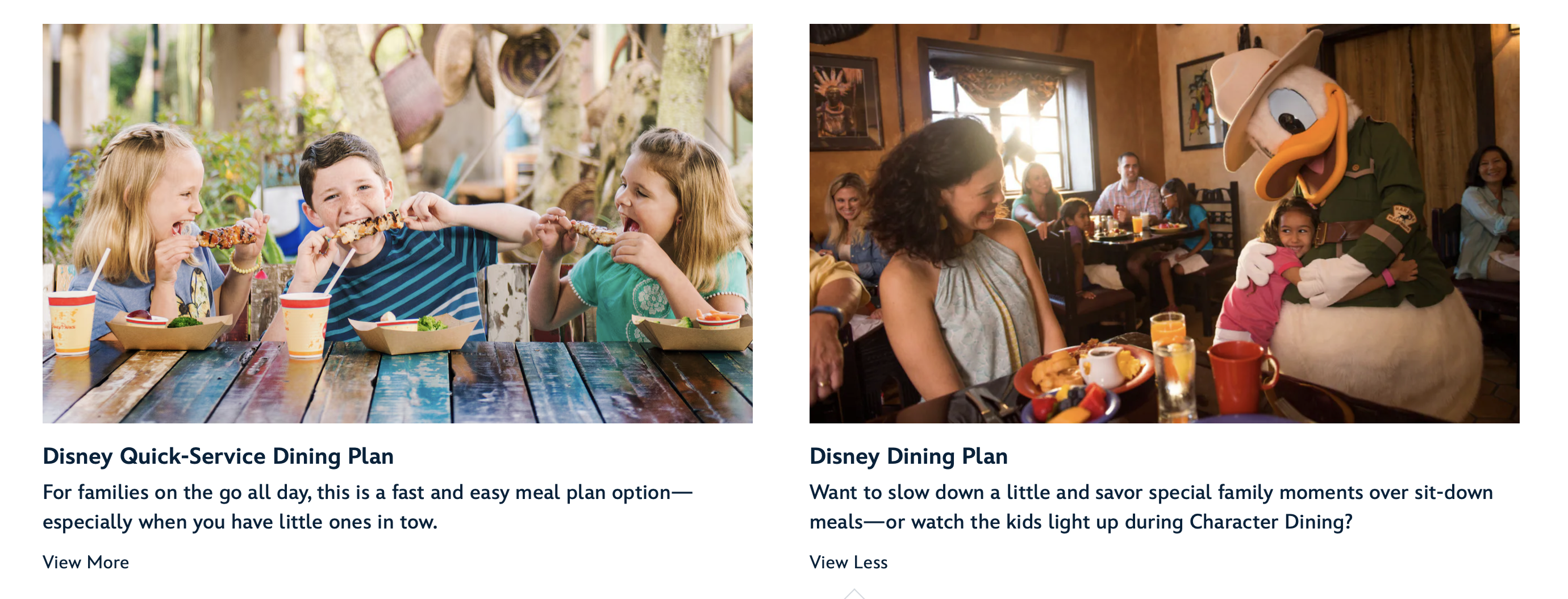 screen shot of the Disney Dining Plan options side by side