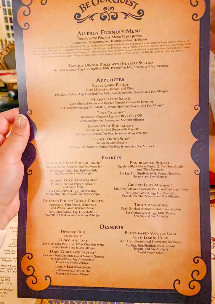 Disney Be Our Guest Restaurant Review allergy menu