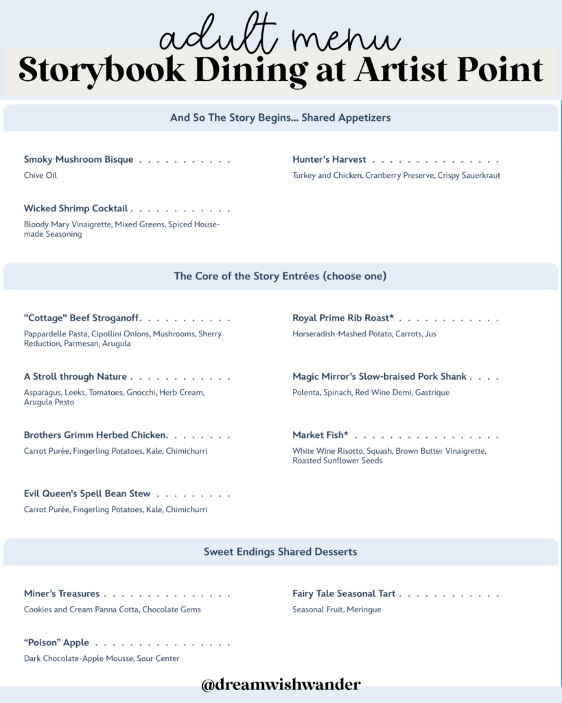Storybook Dining at Artist Point Adult Menu with text label for clarity
