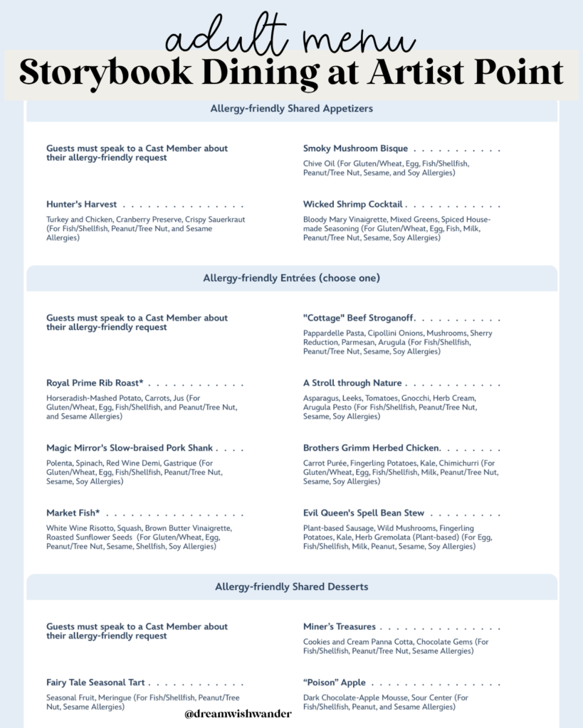 Storybook Dining at Artist Point Allergy Friendly Adult Menu with text label for clarity