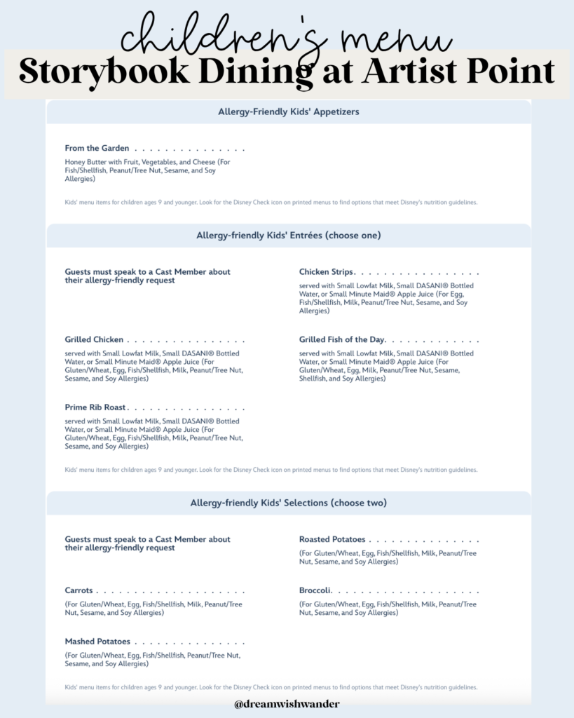 Storybook Dining at Artist Point Allergy Friendly Children's Menu with text label for clarity