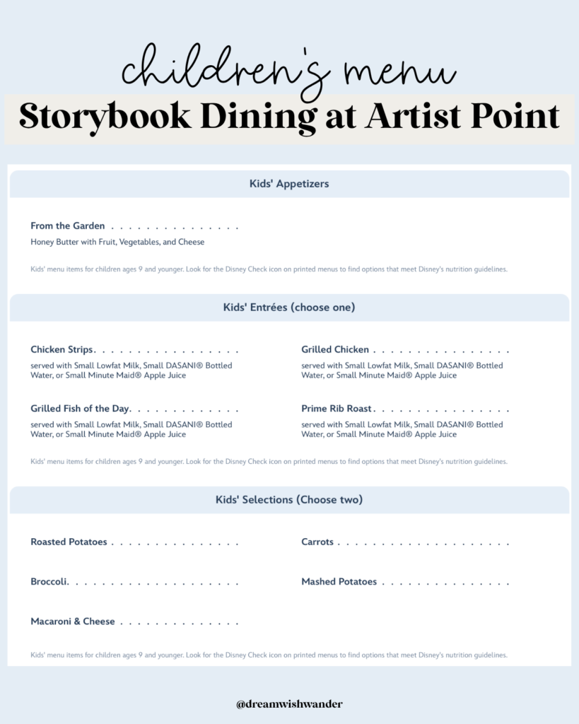 Storybook Dining at Artist Point Children's Menu with text label for clarity